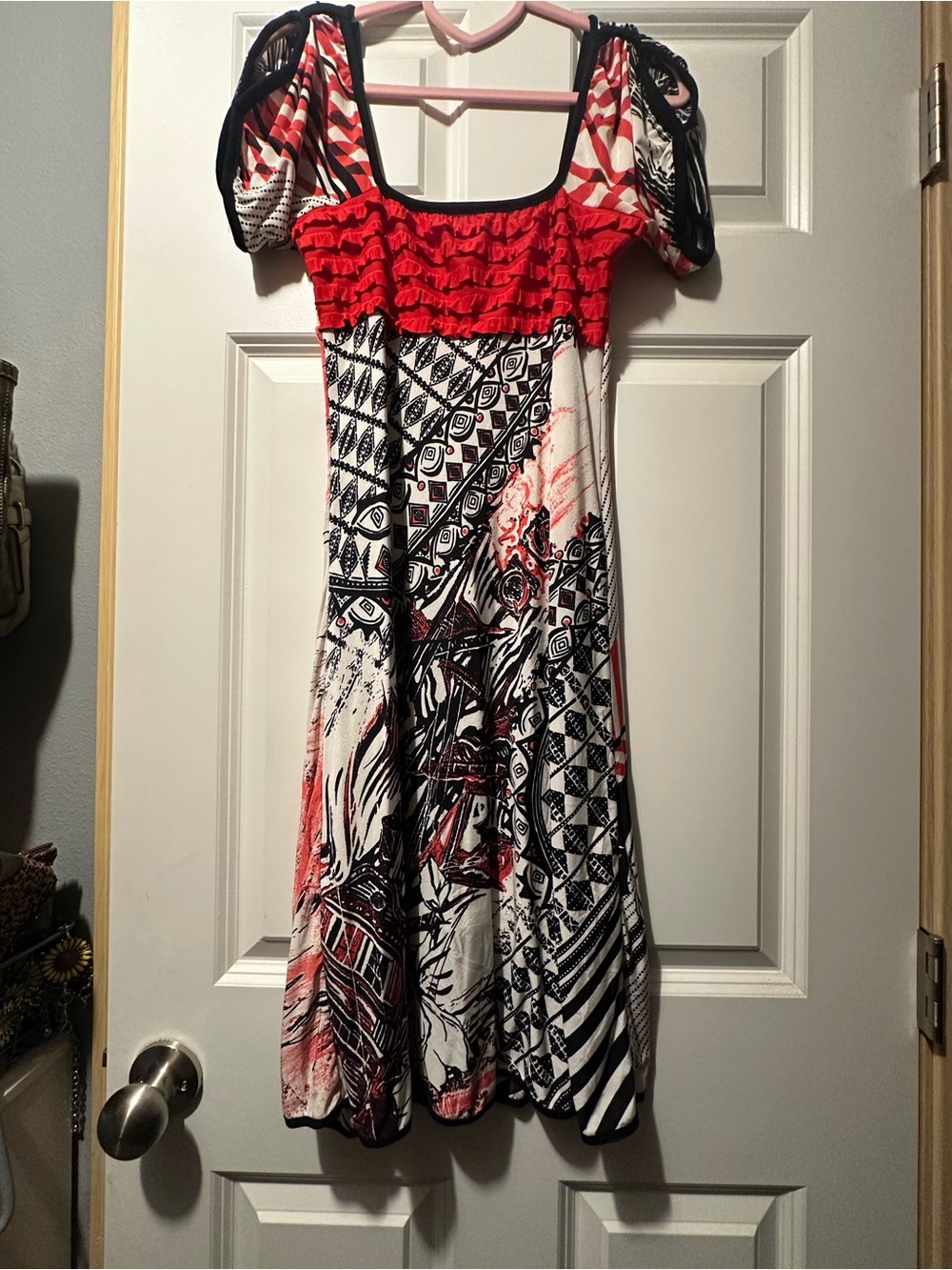 Save The Queen Red, Black & White Patterned Midi Dress